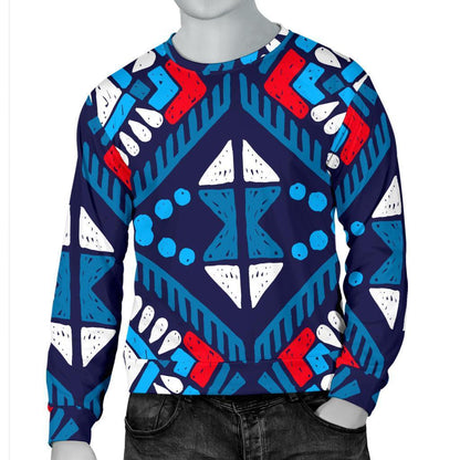 Blue And Red Aztec Pattern Print Men's Crewneck Sweatshirt GearFrost