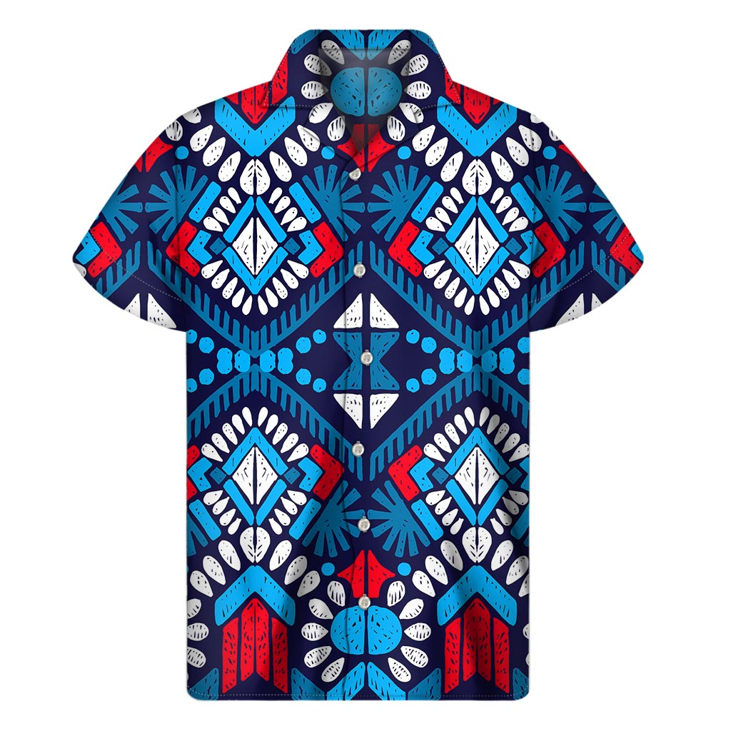 Blue And Red Aztec Pattern Print Men's Short Sleeve Shirt
