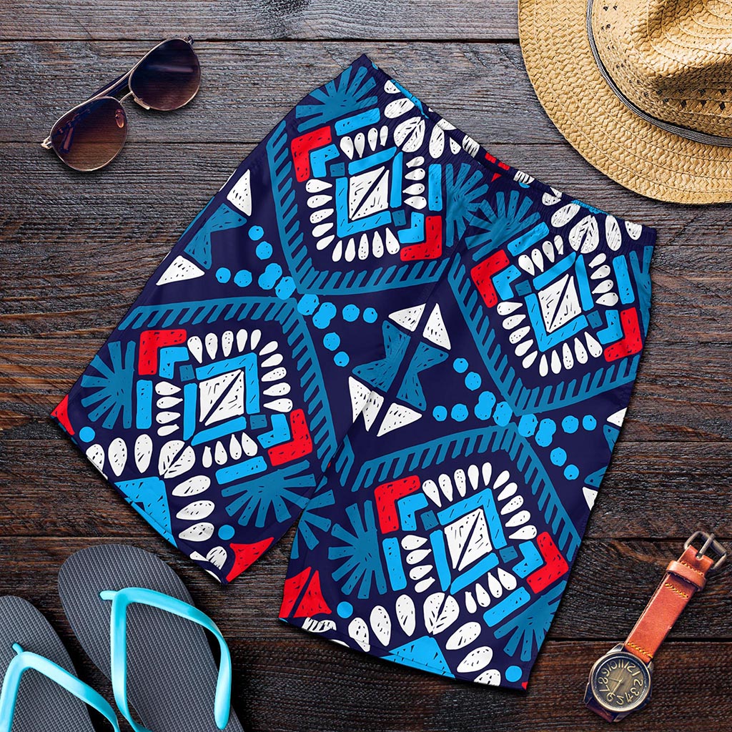 Blue And Red Aztec Pattern Print Men's Shorts