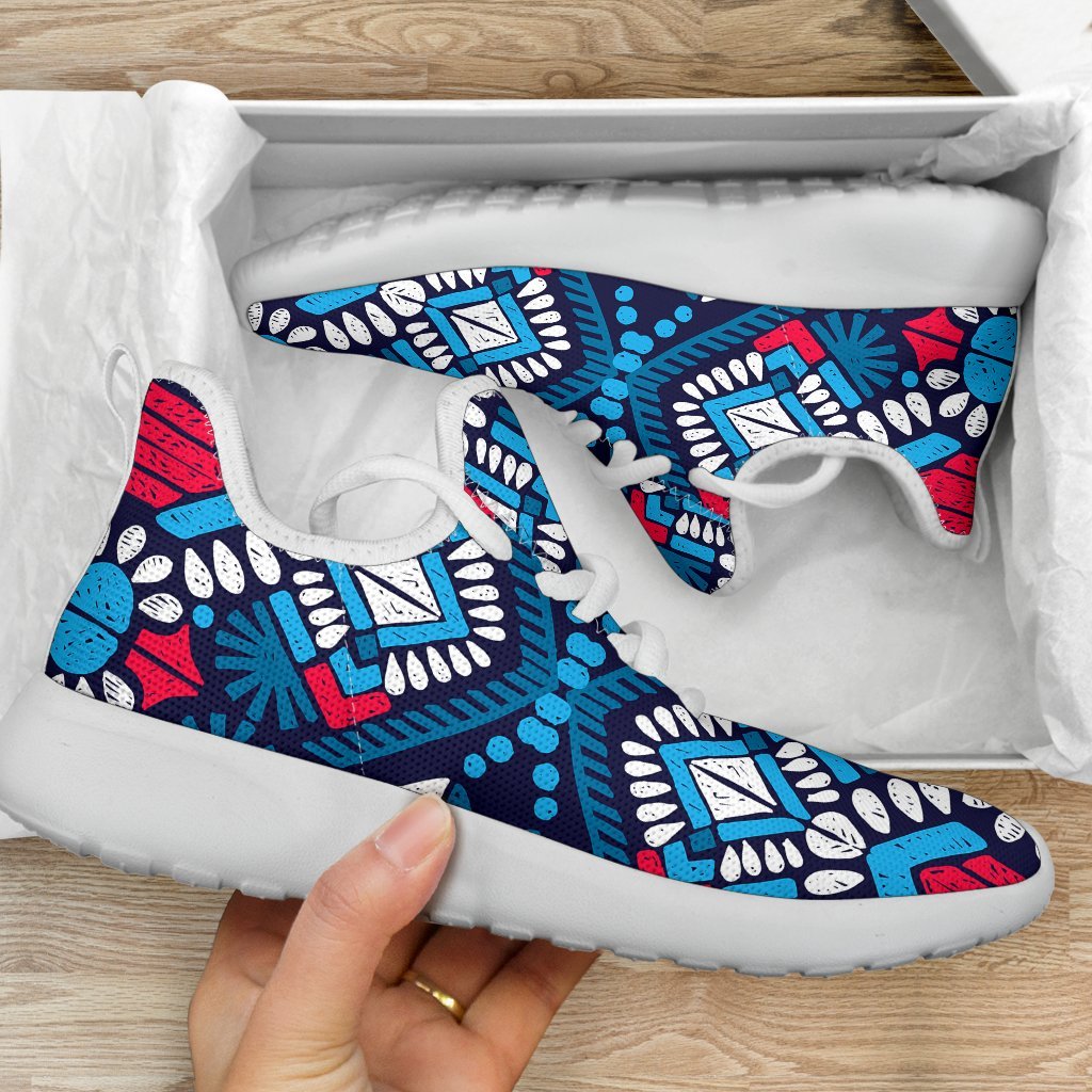 Blue And Red Aztec Pattern Print Mesh Knit Shoes GearFrost