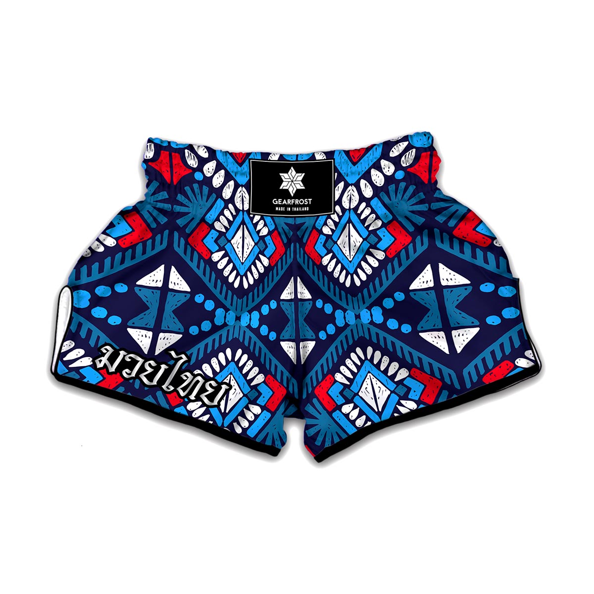 Blue And Red Aztec Pattern Print Muay Thai Boxing Shorts