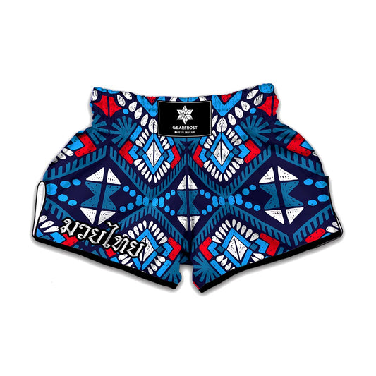Blue And Red Aztec Pattern Print Muay Thai Boxing Shorts