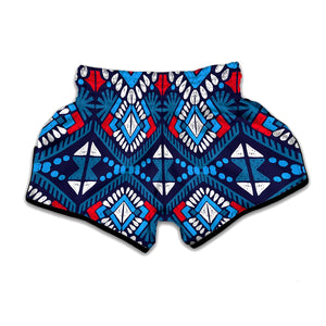 Blue And Red Aztec Pattern Print Muay Thai Boxing Shorts