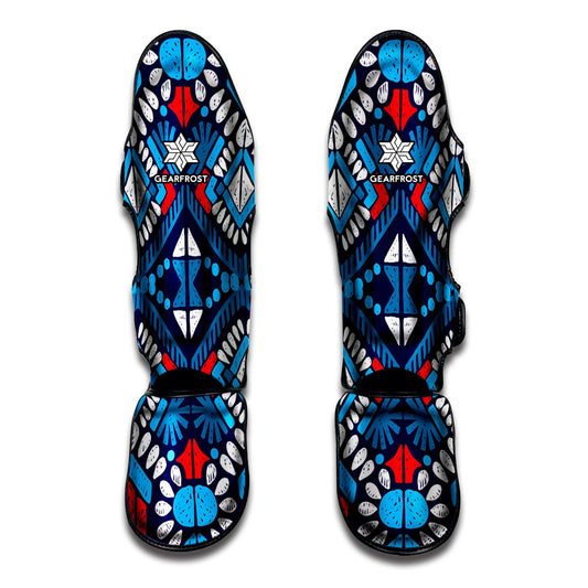 Blue And Red Aztec Pattern Print Muay Thai Shin Guard