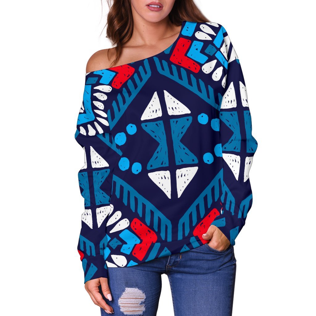 Blue And Red Aztec Pattern Print Off Shoulder Sweatshirt GearFrost