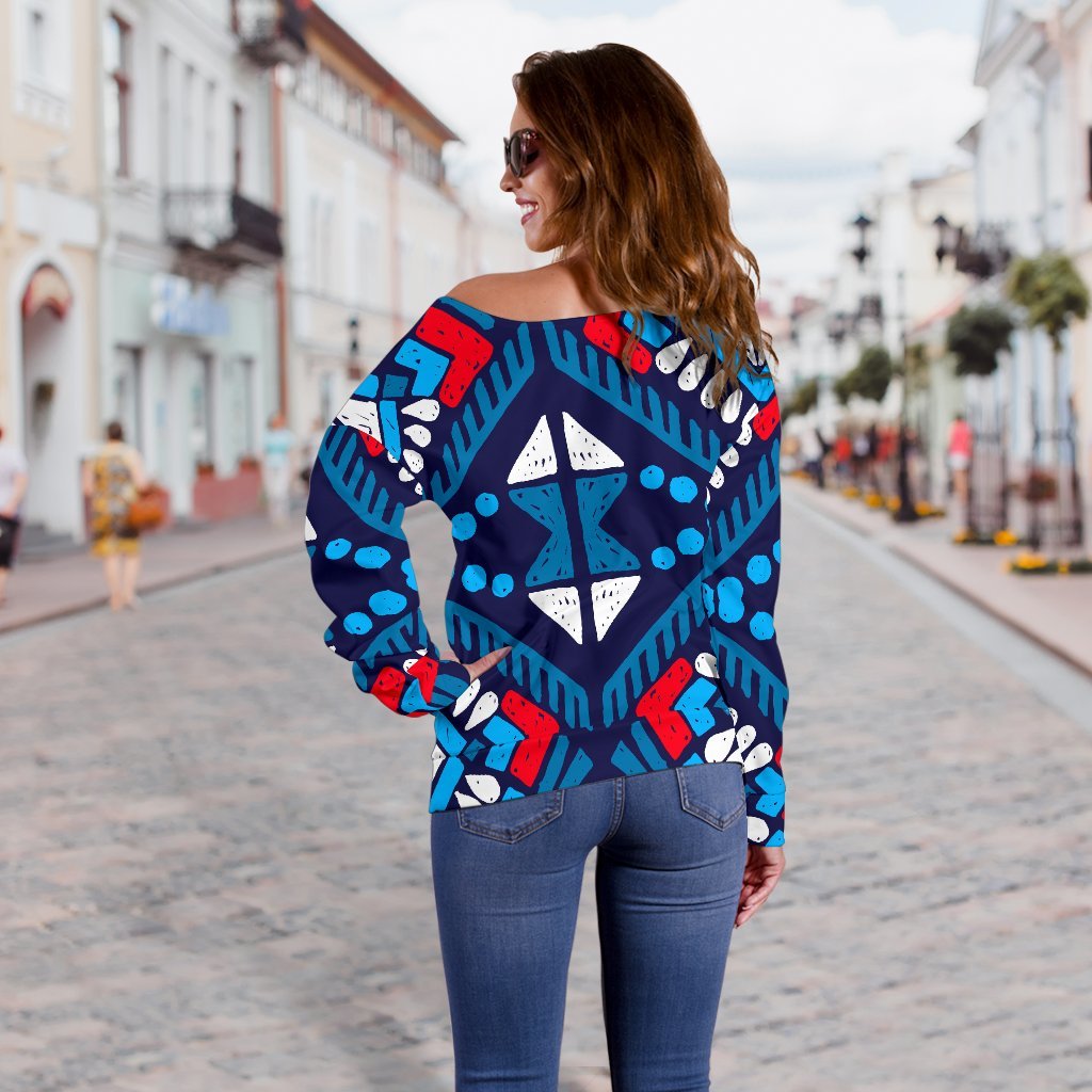 Blue And Red Aztec Pattern Print Off Shoulder Sweatshirt GearFrost