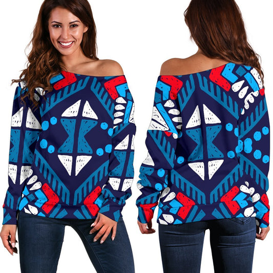 Blue And Red Aztec Pattern Print Off Shoulder Sweatshirt GearFrost