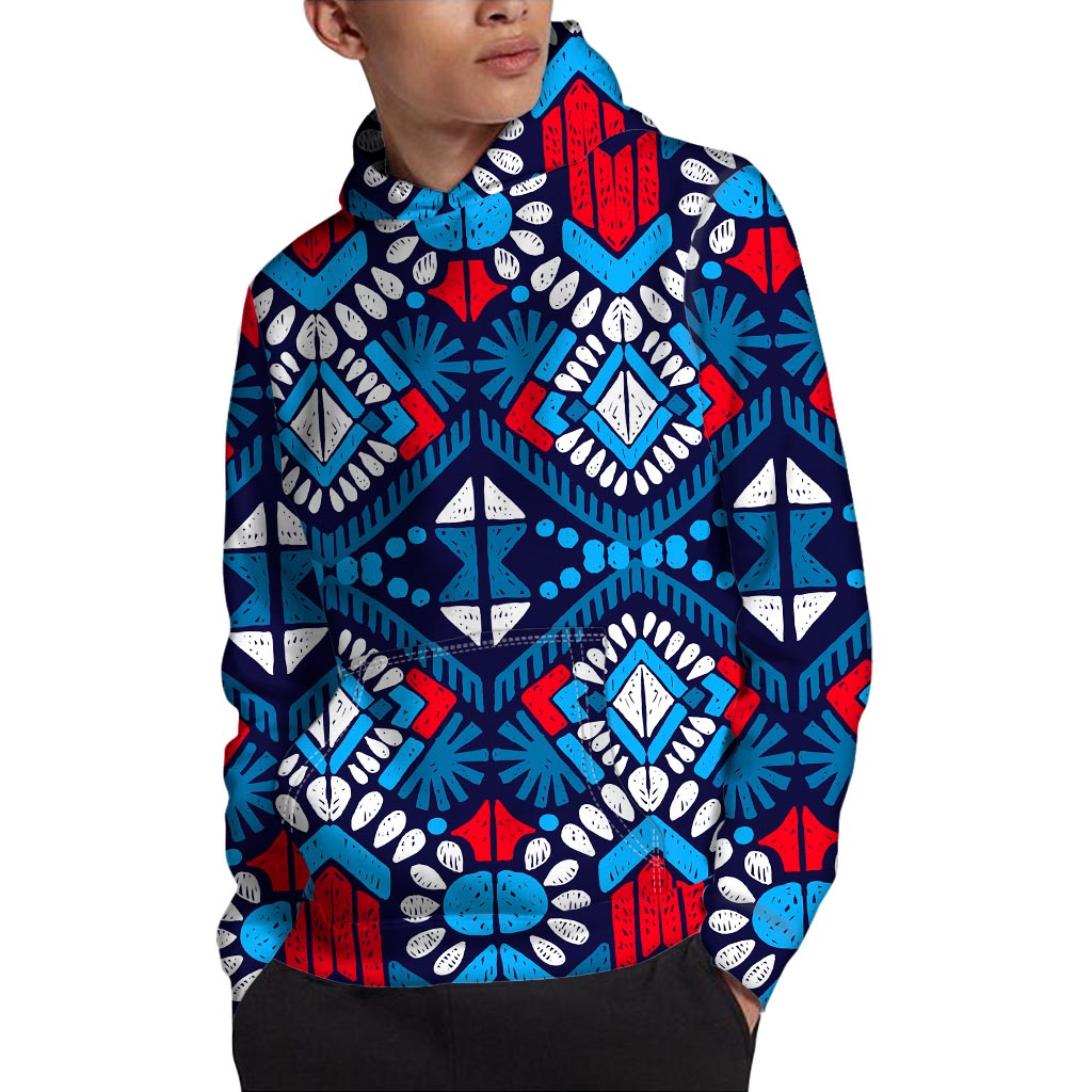 Blue And Red Aztec Pattern Print Pullover Hoodie