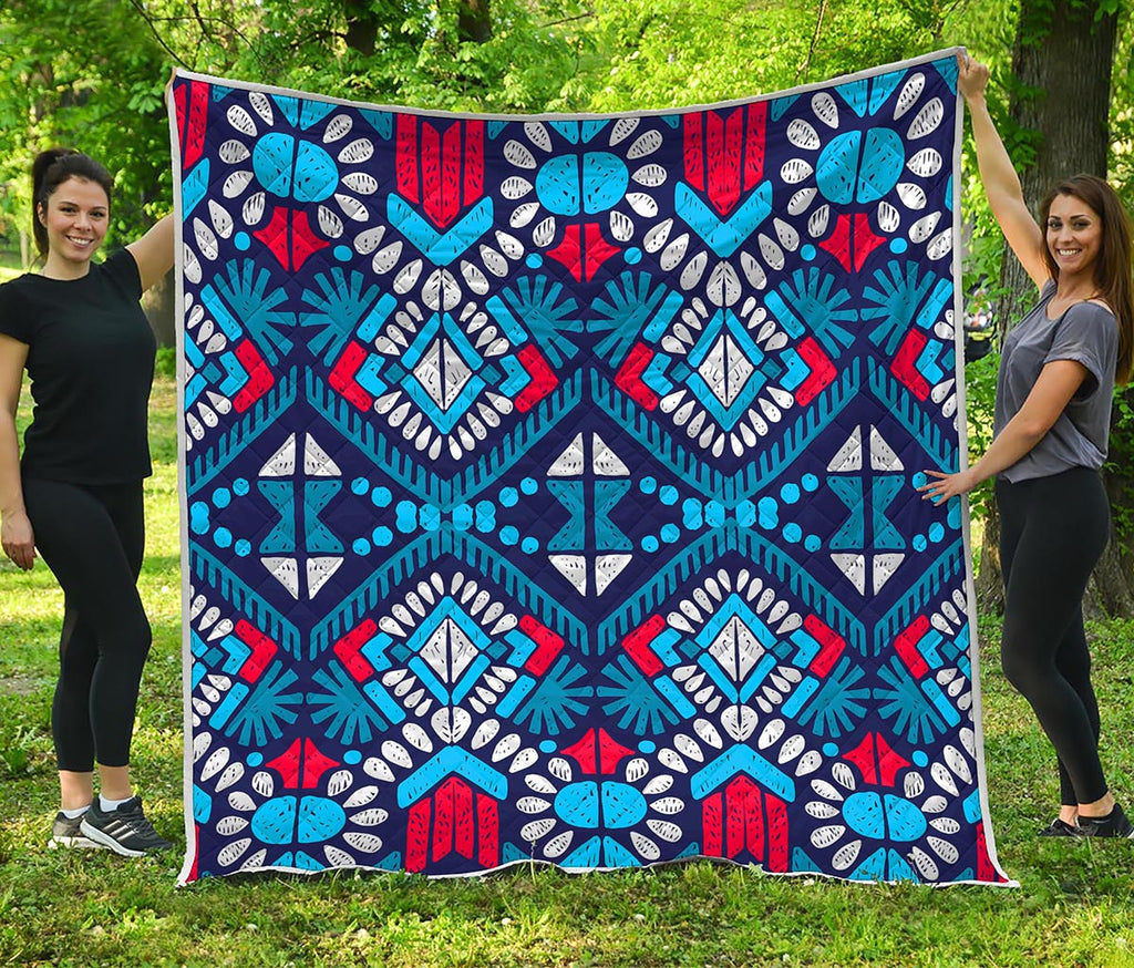 Blue And Red Aztec Pattern Print Quilt