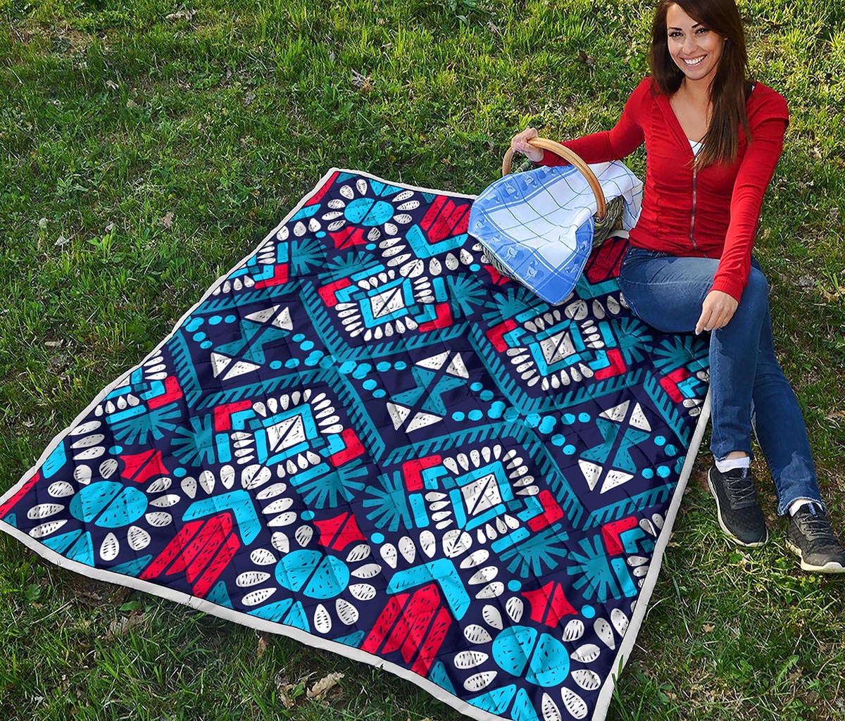 Blue And Red Aztec Pattern Print Quilt