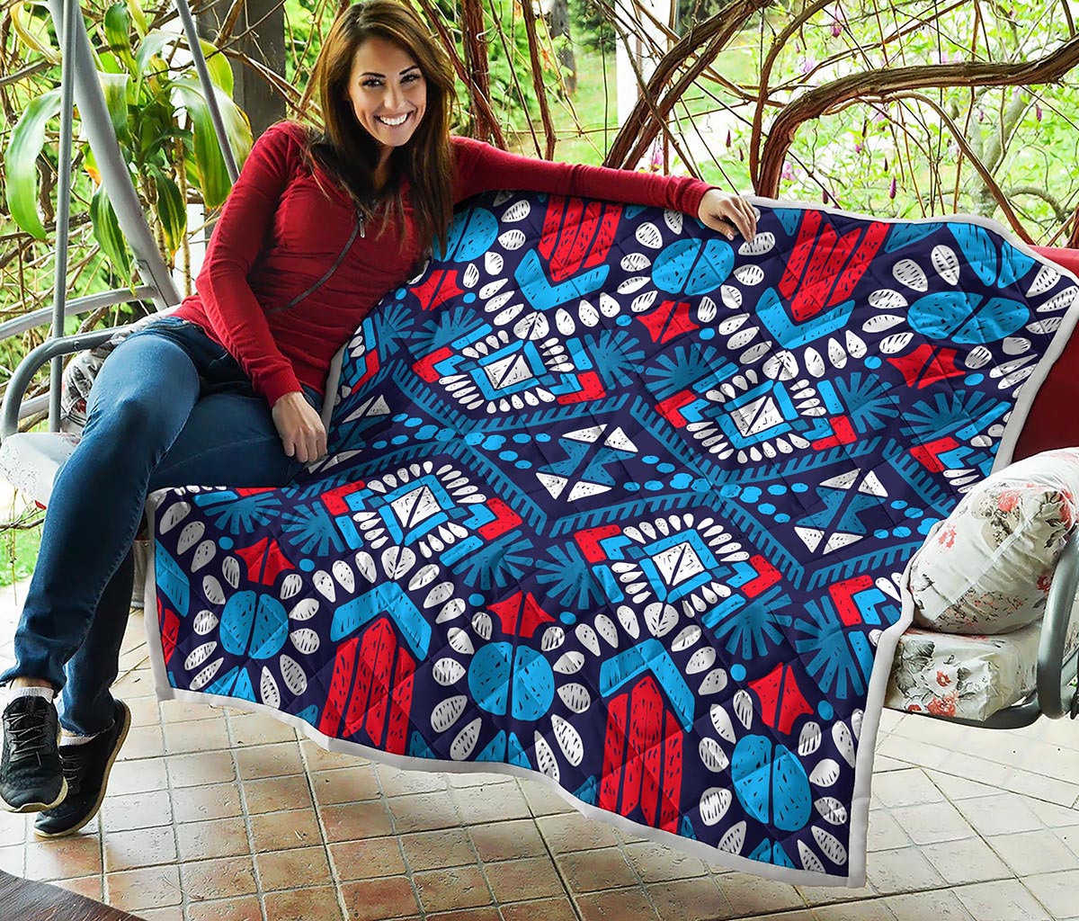 Blue And Red Aztec Pattern Print Quilt