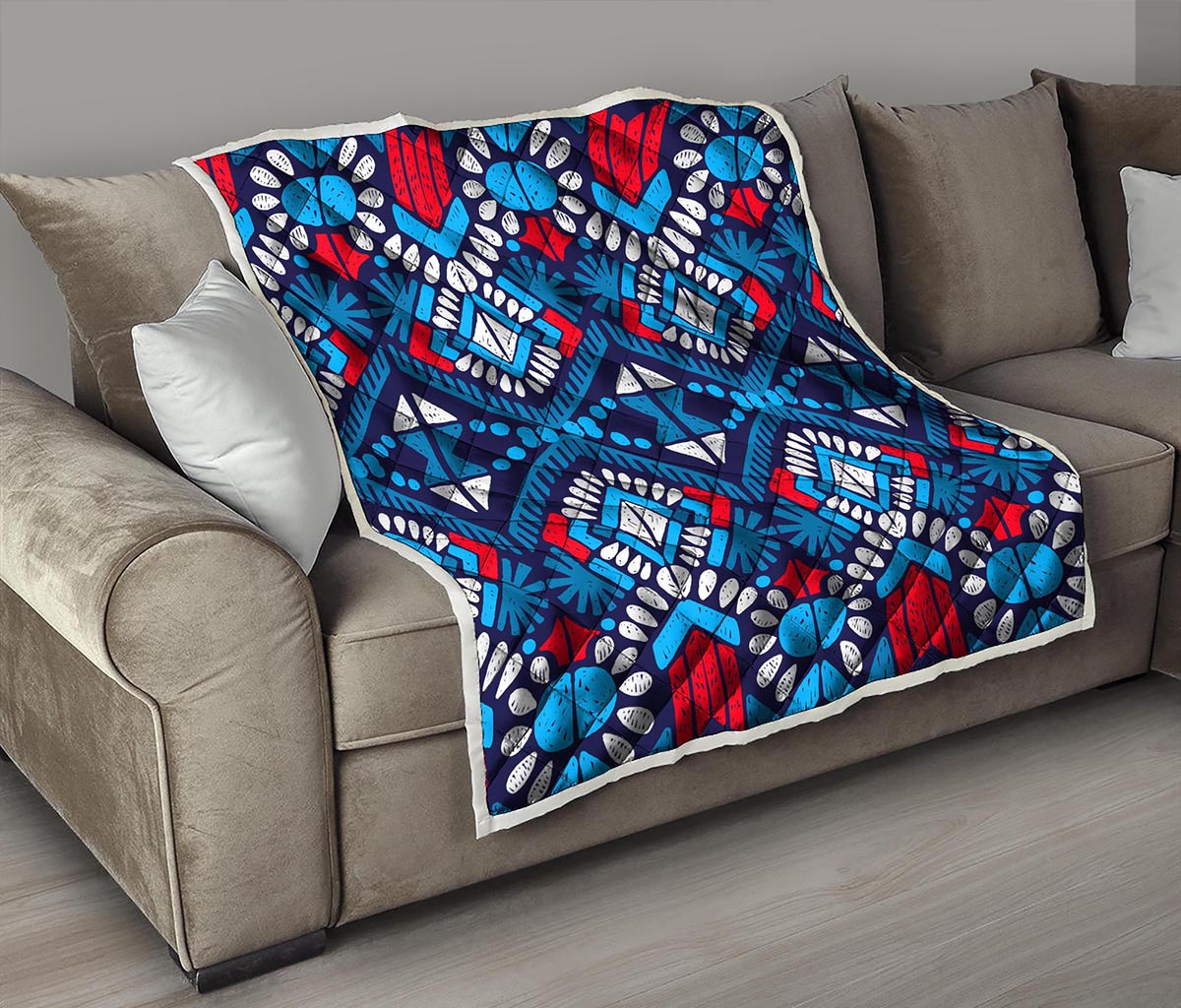 Blue And Red Aztec Pattern Print Quilt
