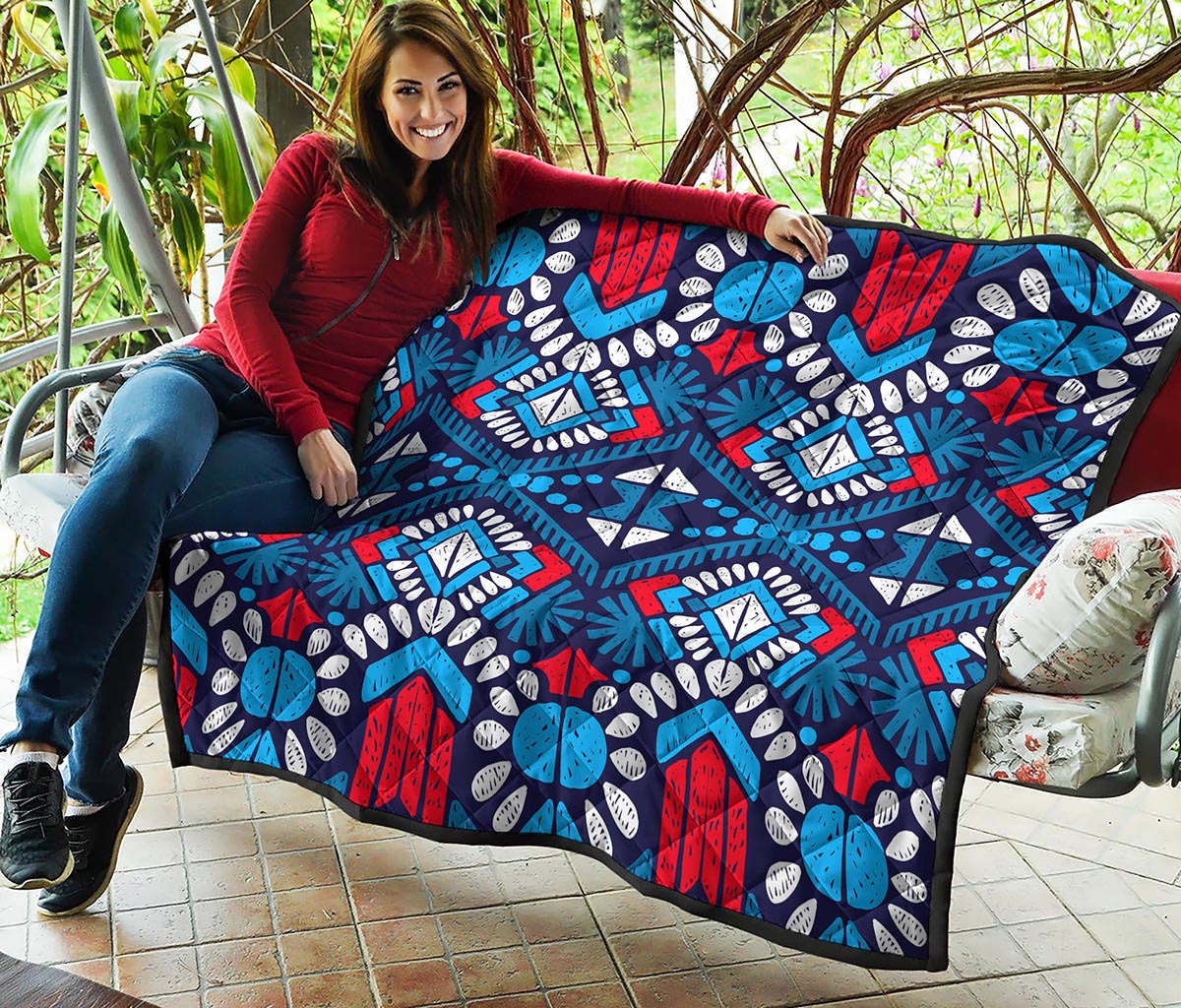 Blue And Red Aztec Pattern Print Quilt