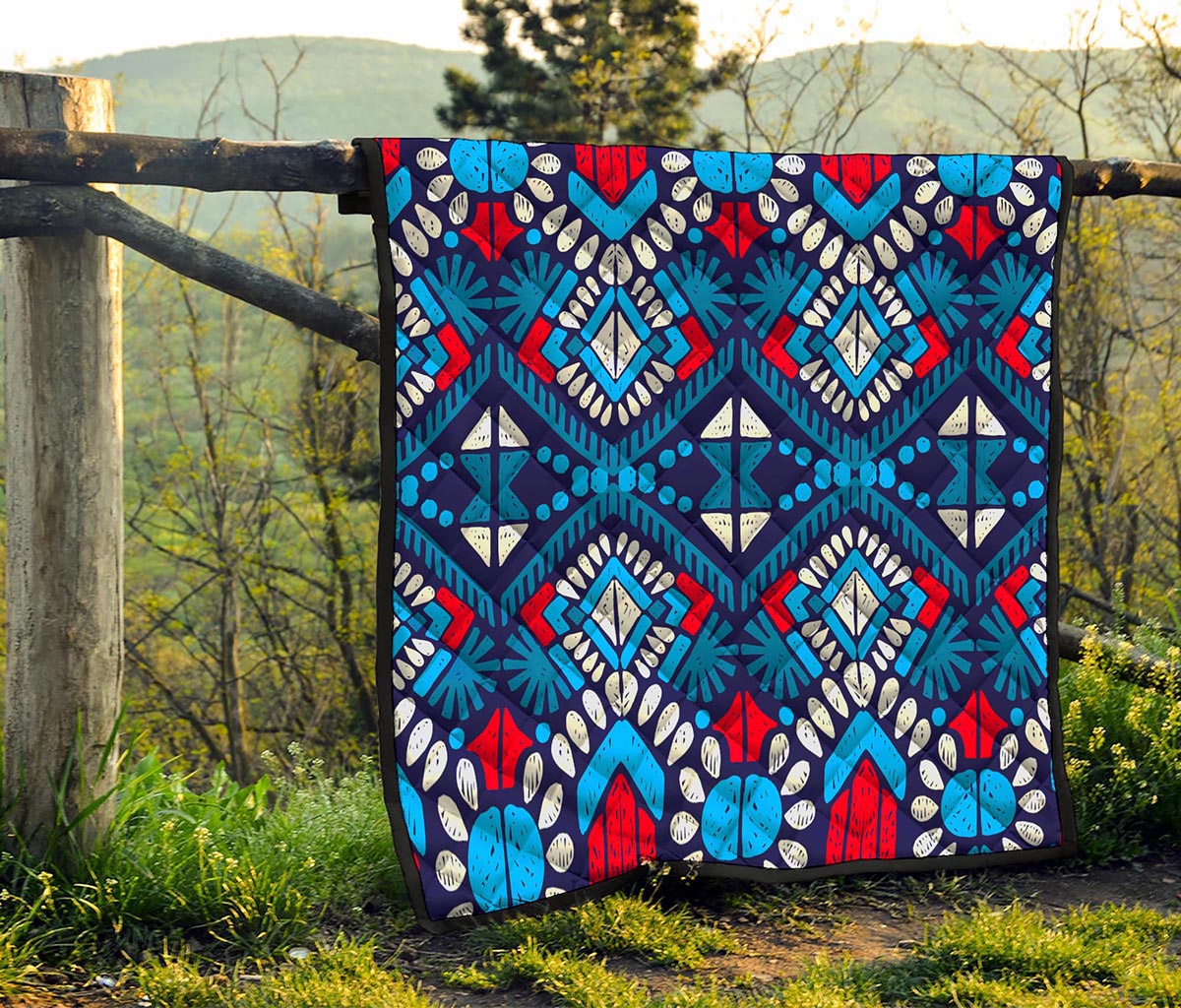 Blue And Red Aztec Pattern Print Quilt