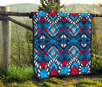 Blue And Red Aztec Pattern Print Quilt