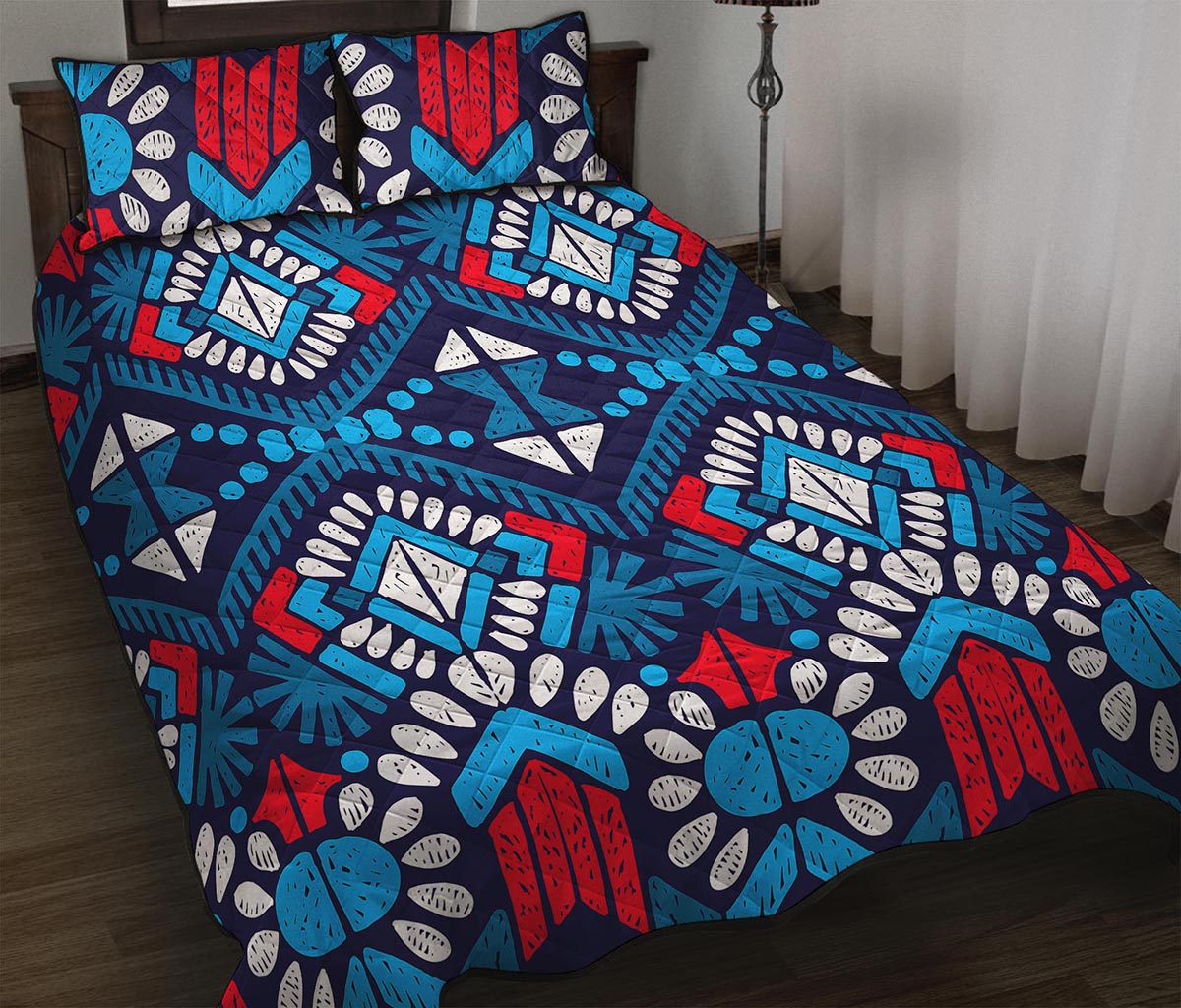 Blue And Red Aztec Pattern Print Quilt Bed Set