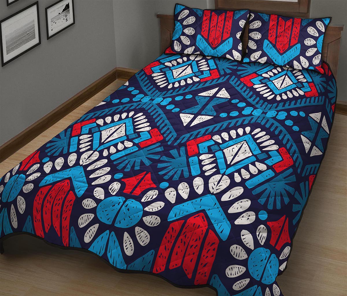 Blue And Red Aztec Pattern Print Quilt Bed Set