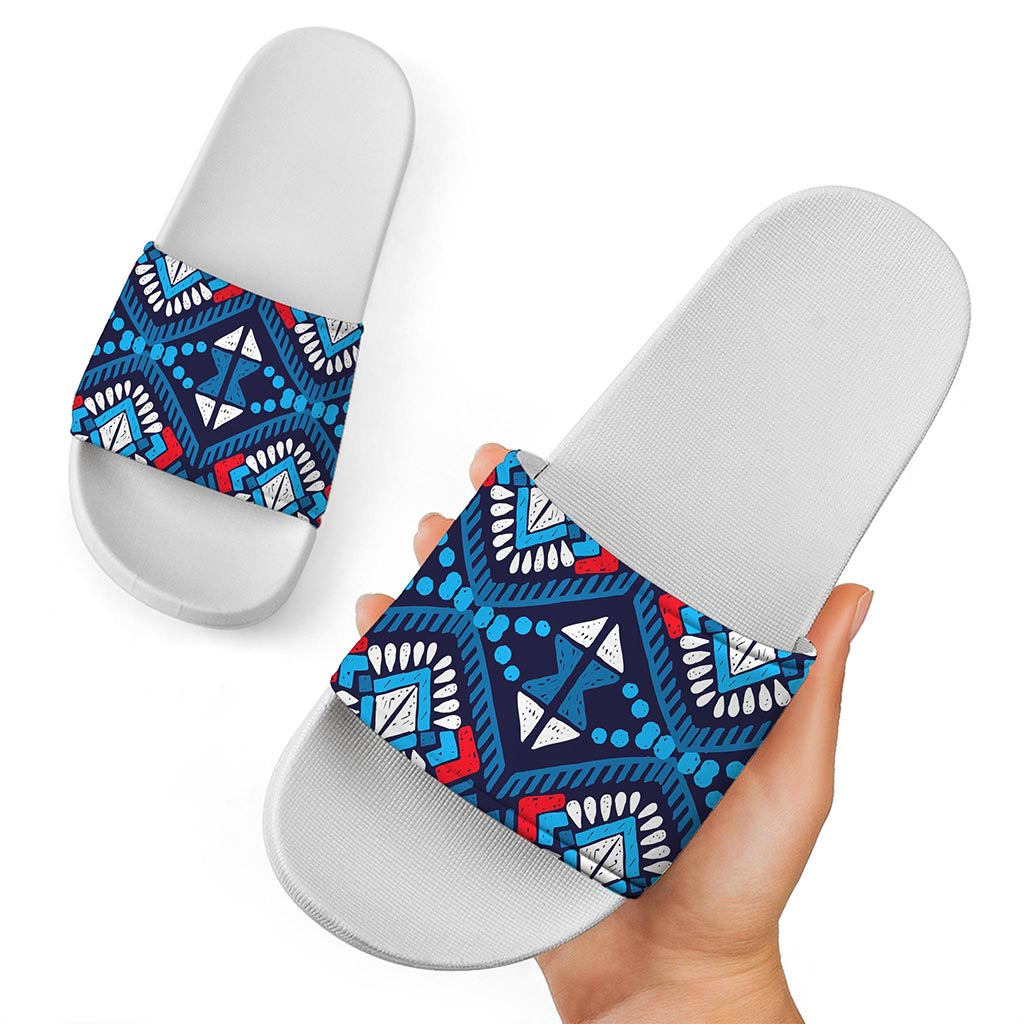 Blue And Red Aztec Pattern Print White Slide Sandals