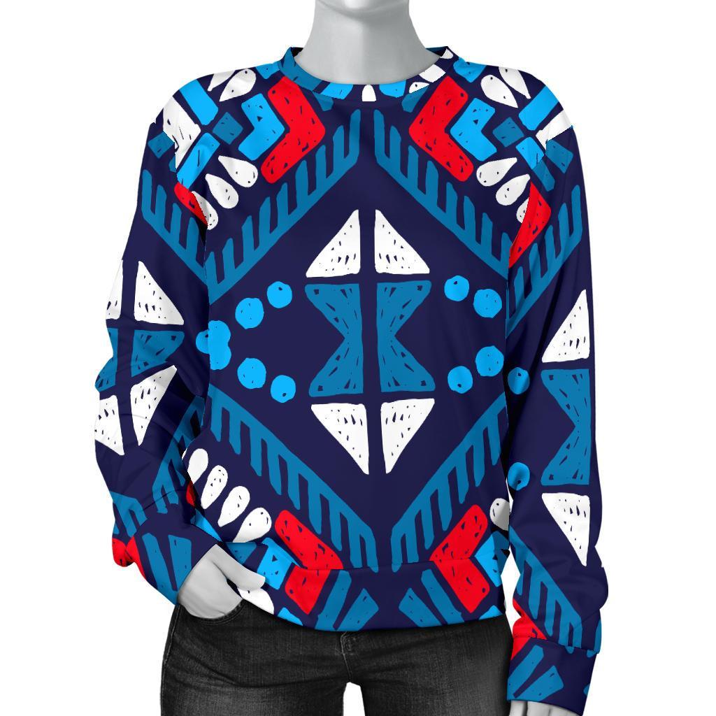 Blue And Red Aztec Pattern Print Women's Crewneck Sweatshirt GearFrost