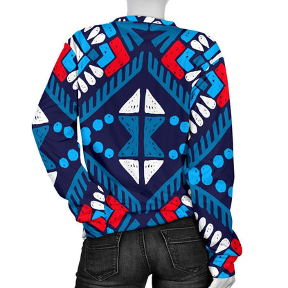 Blue And Red Aztec Pattern Print Women's Crewneck Sweatshirt GearFrost