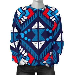 Blue And Red Aztec Pattern Print Women's Crewneck Sweatshirt GearFrost