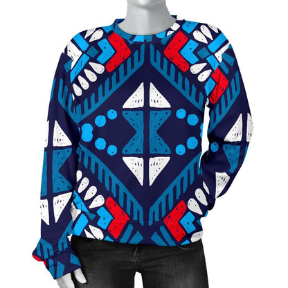 Blue And Red Aztec Pattern Print Women's Crewneck Sweatshirt GearFrost