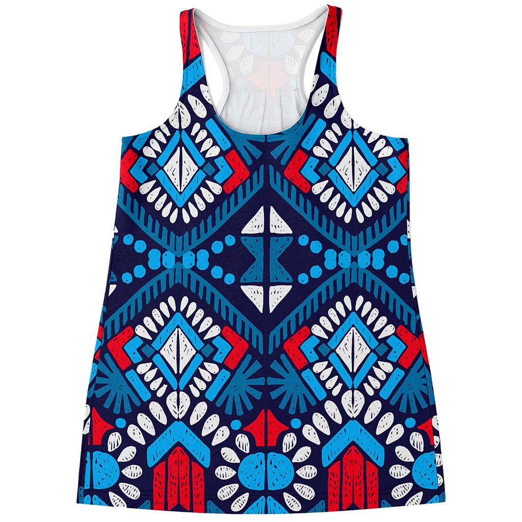 Blue And Red Aztec Pattern Print Women's Racerback Tank Top
