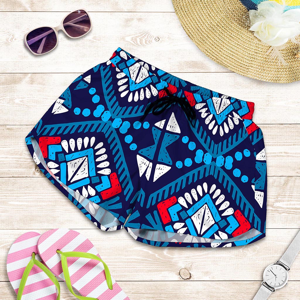 Blue And Red Aztec Pattern Print Women's Shorts