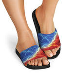 Blue And Red Lightning Print Black Slide Sandals