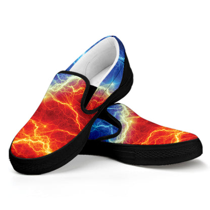 Blue And Red Lightning Print Black Slip On Shoes