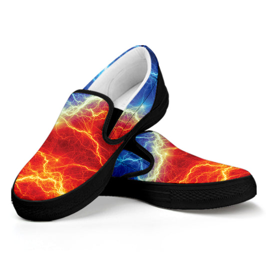 Blue And Red Lightning Print Black Slip On Shoes