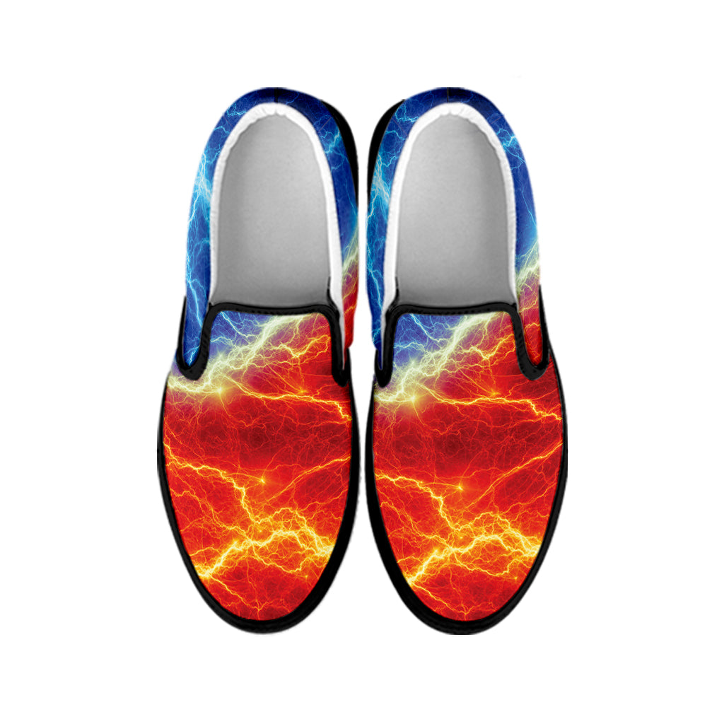 Blue And Red Lightning Print Black Slip On Shoes