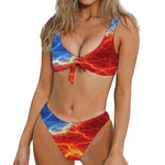 Blue And Red Lightning Print Front Bow Tie Bikini