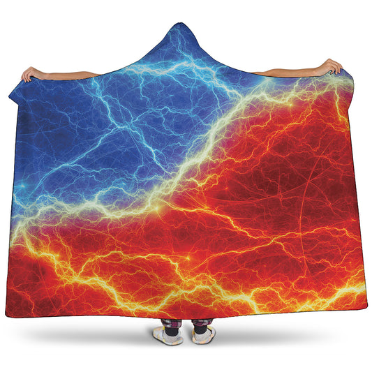 Blue And Red Lightning Print Hooded Blanket