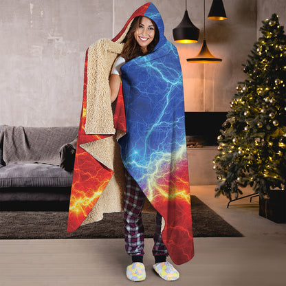 Blue And Red Lightning Print Hooded Blanket