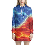 Blue And Red Lightning Print Hoodie Dress