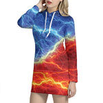Blue And Red Lightning Print Hoodie Dress