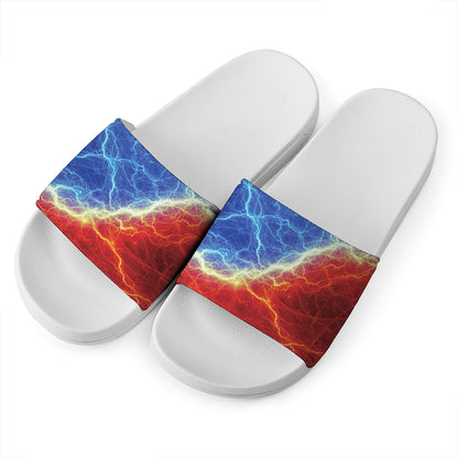 Blue And Red Lightning Print White Slide Sandals