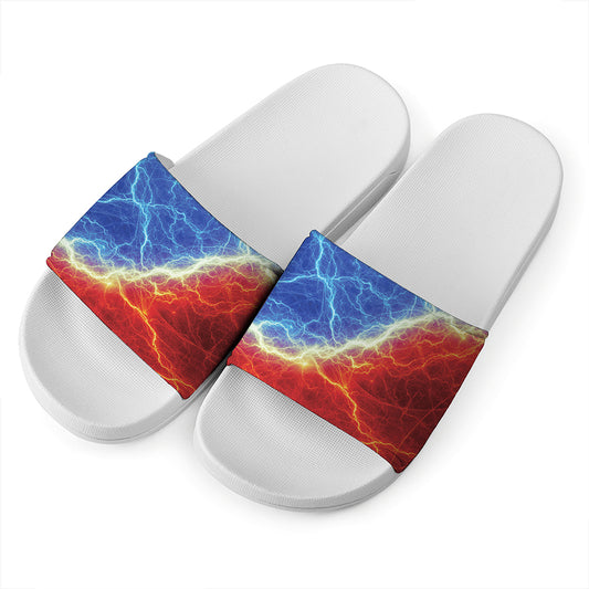 Blue And Red Lightning Print White Slide Sandals