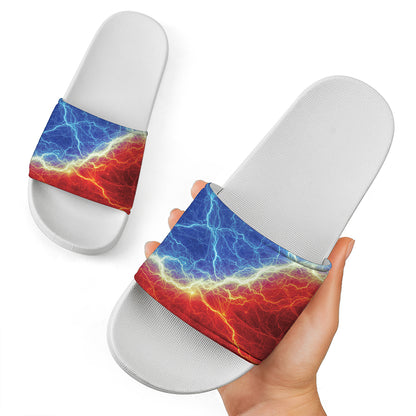 Blue And Red Lightning Print White Slide Sandals