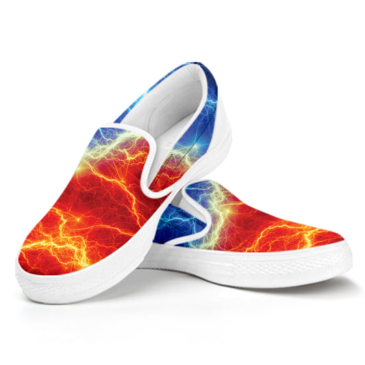 Blue And Red Lightning Print White Slip On Shoes