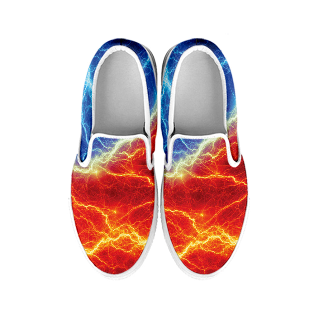 Blue And Red Lightning Print White Slip On Shoes