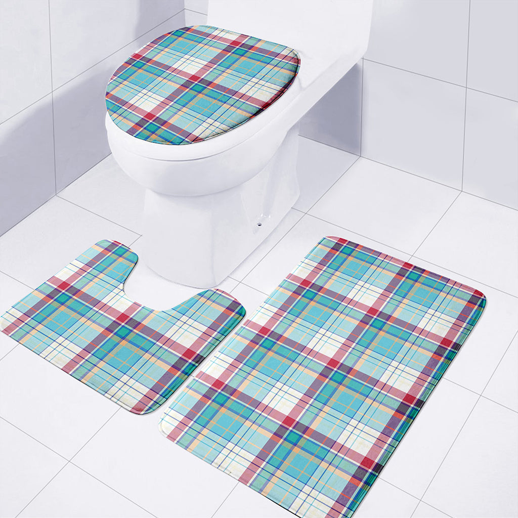 Blue And Red Madras Pattern Print 3 Piece Bath Mat Set
