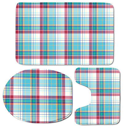 Blue And Red Madras Pattern Print 3 Piece Bath Mat Set