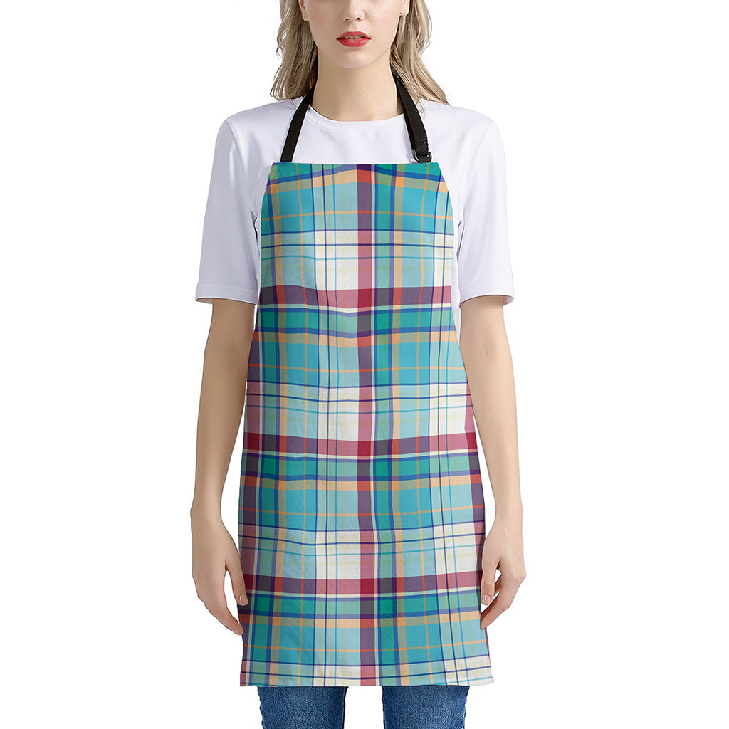 Blue And Red Madras Pattern Print Apron