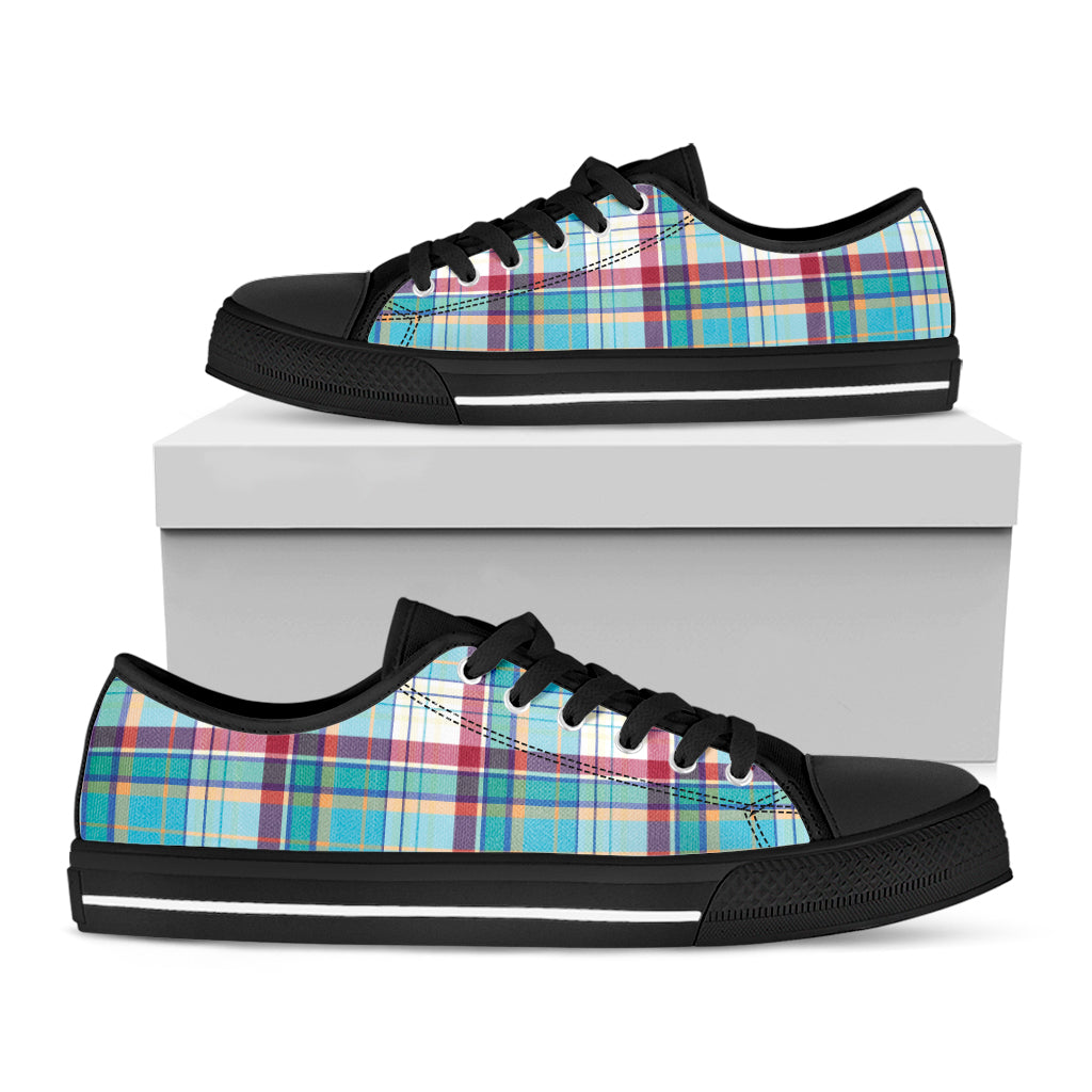 Blue And Red Madras Pattern Print Black Low Top Shoes