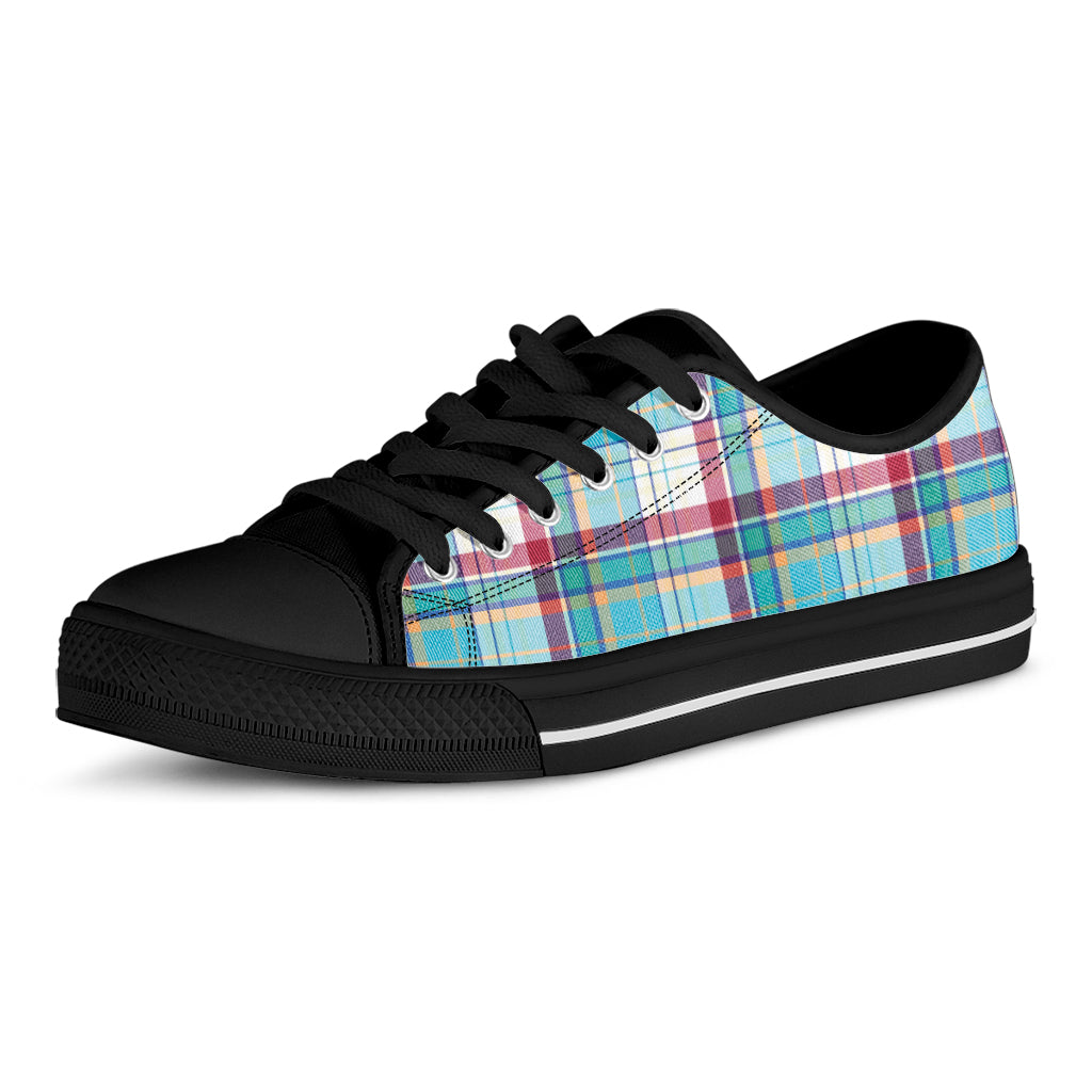 Blue And Red Madras Pattern Print Black Low Top Shoes