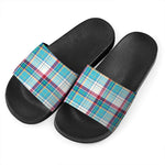 Blue And Red Madras Pattern Print Black Slide Sandals