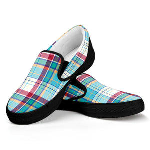 Blue And Red Madras Pattern Print Black Slip On Shoes