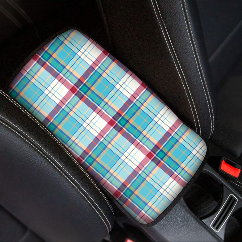 Blue And Red Madras Pattern Print Car Center Console Cover